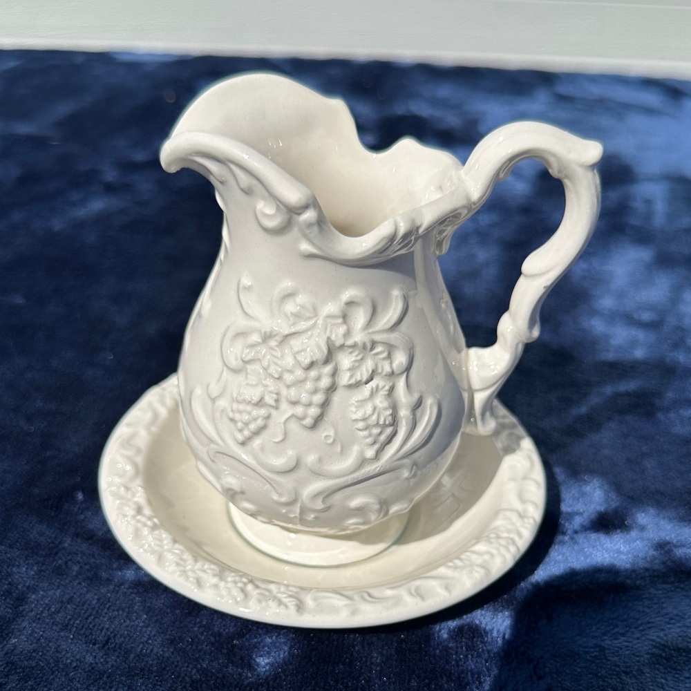 Vintage 1960s Small White Embossed Ceramic Pitcher and Saucer - Grapevine Motif